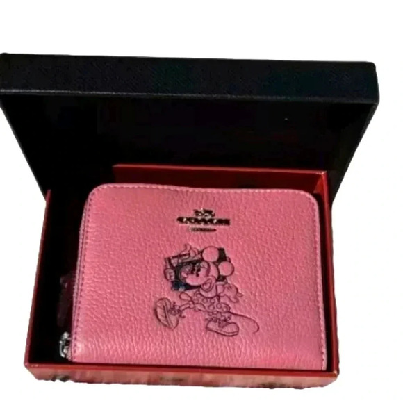 New W Tags in Box COACH X Disney  Minnie Mouse Pink Leather Zip Around Wallet - Picture 1 of 6